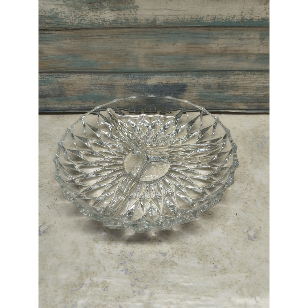 Crystal Glass 8" Round 3 Sectioned Divided Relish, Nuts, Candy Dish